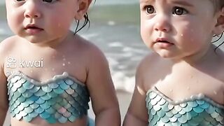 The mother is coming to the beach with her two mermaid babies.
