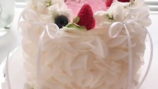Elegant White Petal Ruffle Cake with Pink Geode & Fresh Berries | Cake Decorating