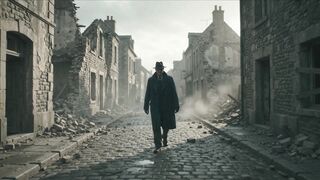 A Lonely Man Walking Through a War-Torn City
