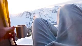 Tracking camping on snow mountain