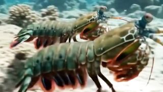 .2 shrimps looking for a place to lay eggs under the coral rock
