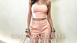 Conjunto cropped com látex e calça pantalona Cropped top and wide-leg pants set with latex detail 🤩