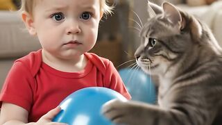 Cute Baby vs Cat Fight For Balloon! 😂 | Funny Cute Pets and Babies Moment