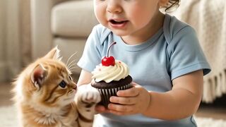 Kitten Tries To Steal Baby’s Cupcake! 🧁🐱 Super Cute Reaction