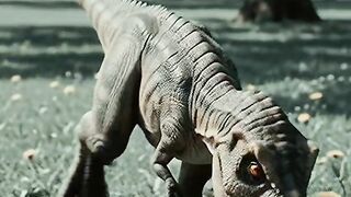 Make me walk a baby T-Rex on a leash in a park