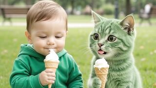 Baby n cat enjoying ice cream 🍦