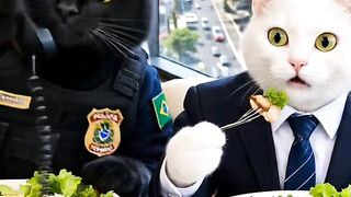 Two happy cats are enjoying a delicious meal together.