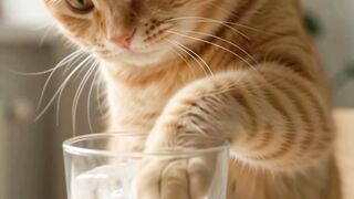 Orange cat's daily mission: pick an ice cube, drop it, and hunt it down!