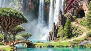 Waterfalls tumbling into crystal-clear lake, surrounded by wild beauty