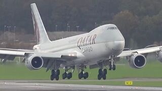 QUEEN OF THE SKIES👸🏼 Qatar Cargo Boeing 747-8F landing at runway 27 at AMS🛬