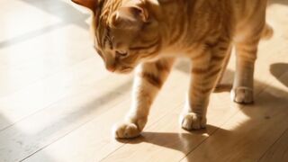 Cute ginger tabby cat walking, playing, and sitting on a wooden floor in sunlight