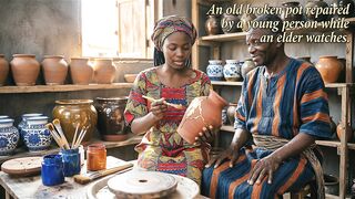 An old broken pot being repaired by a young person while an elder watches