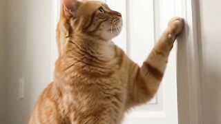 Cute ginger tabby cat knocking on a white door to open, funny pet behavior, domestic cat indoors