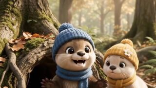 Cute little animated otters wearing warm winter beanies discovering a secret tunnel in an autumn forest, funny and adorable cartoon characters.