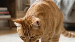 Funny ginger tabby cat pretending to talk on a flip-flop like a smartphone