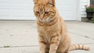 Cute orange tabby cat playing with a red toy car outdoors on a driveway