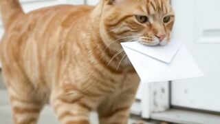 Cute ginger tabby cat walking and delivering an envelope letter