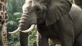 The fight between a  Giraffe and an elephant.
