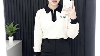 Women's Cream Half-Zip Polo Sweatshirt with Contrast Black Collar & Cuffs