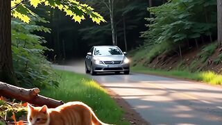 Car is chasing cute cat in forest