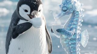 seahorses and penguins in the sea of snow