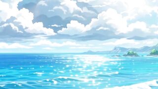 Summer Breeze: Sparkling Blue Ocean Waves and Dreamy Anime Clouds
