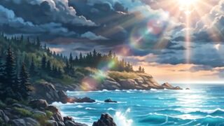 Coastal Twilight: Dramatic Sunset Waves and Pine-Fringed Sea Cliffs