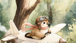 Um pequeno pássaro pilota um avião antigo até o oceano.