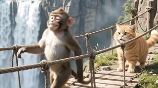 Monkey Gets Stuck on a Rope Bridge 😂🐒🐱