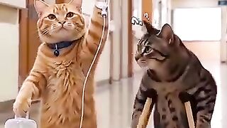 Two Brave Cats Walking on Crutches in the Hospital 🐱🏥😂