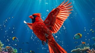 Surreal AI Animation: Red Northern Cardinal Bird Swimming Underwater