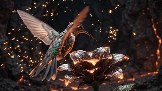 Cinematic Fire Hummingbird Drinking Golden Lava From Flower 3D Animation