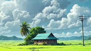 Small house in a vast green rice field under clouds a rural dwelling sits amidst