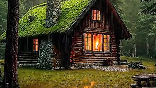 Cozy wooden cabin in misty green forest with mossy roof and glowing campfire