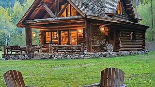 Rustic log cabin with stone chimney and outdoor stone fire pit in mountains