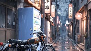 a vintage motorcycle in a rainy neon alley