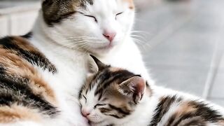 A mother cat sleeping peacefully with her kittens. 😀” 🐱💤