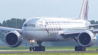 Qatar Cargo Boeing 777-F thundering out of Schiphol Aiport