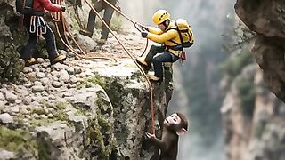 Rescue Team Saves Baby Monkey from Dangerous Cliff