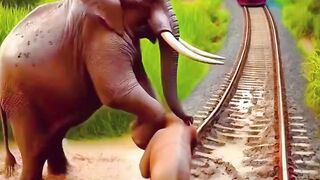 Baby elephant trapped on the railway tracks.