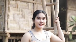 A girl is holding the ladder