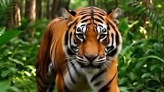 A ferocious tiger is hunting for prey.