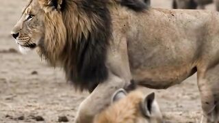 The king of the jungle is attacked by hyenas.