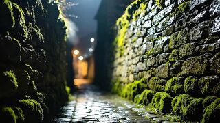Stone corridor at night