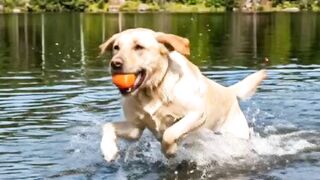 Cachorro brincando com bola na Água