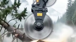 Felling a tree with a large chainsaw.