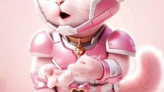 The pink cat is dancing and singing.