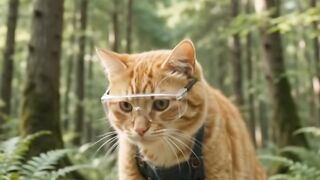 Kucing oren mengangkat kayu dihutan