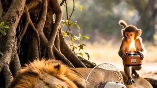 Naughty Monkey Makes a Lion Overheat and Runs Away with the Fan!