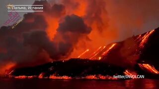 Лавовый водопад на Ла Пальме, океан закипел. Токсичные облака опасны
